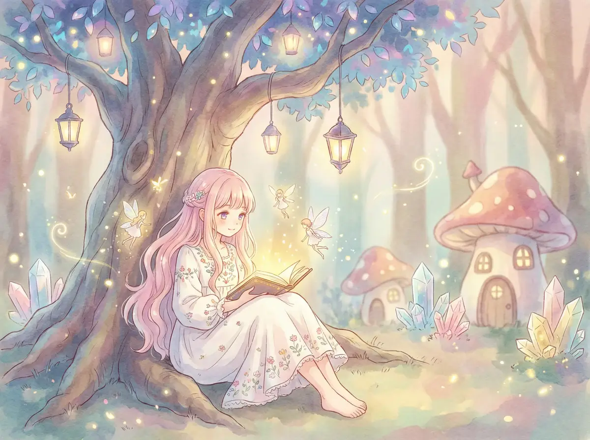 钟爱宝 下载 - 魔法森林中阅读故事书的粉发少女与精灵